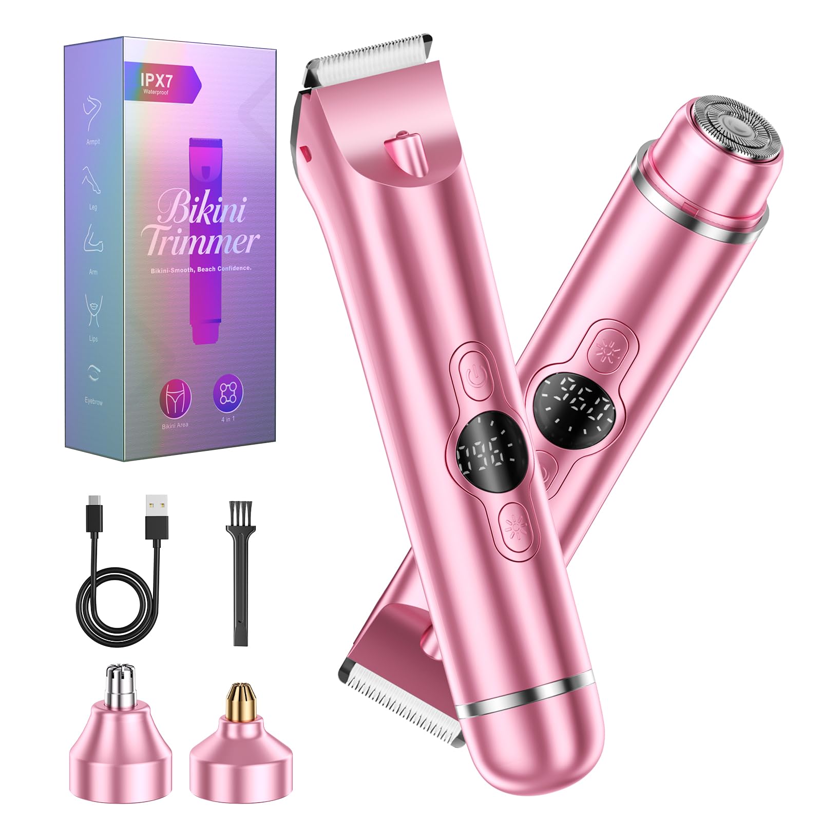 4 in 1 Bikini Trimmer for Women, Wet & Dry Use Pubic Body Hair Trimmer Electric Shavers，Electric Razors for Women Pink