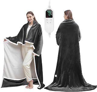Wearable Heated Blanket with with Foot Pocket, Electric Blanket Wearable with Sleeves, Electric Throw Wrap Poncho Shawl, 8 Heating Levels & 12 Hours Time Settings, Machine Washable, 50 x 70 Inch