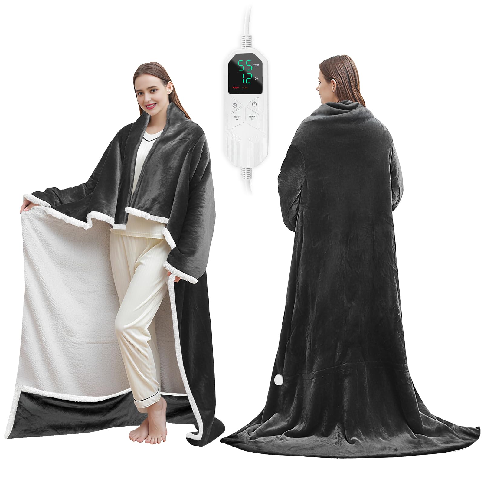 Coperta termica elettrica con tasca per piedi, lenzuolo riscaldante portatile con maniche, poncho elettrico, 8 livelli di riscaldamento e 12 ore di tempo preimpostato, 127 x 177 cm, Heated Blanket