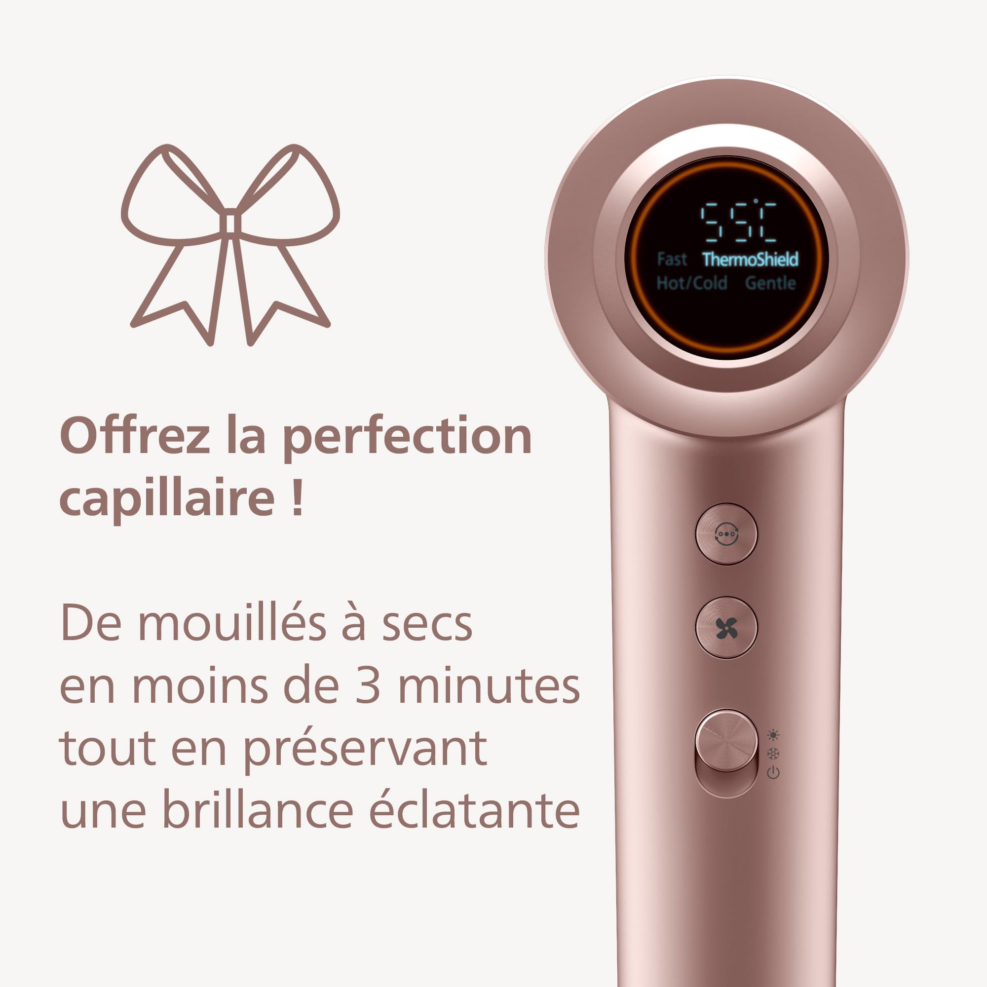Philips Sèche-cheveux Série 8000 – avec ThermoShield Advanced et moteur BLDC pour un séchage rapide et soin du cuir chevelu, 1400 W, rose champagne, avec concentrateur et diffuseur, modèle BHD837/10