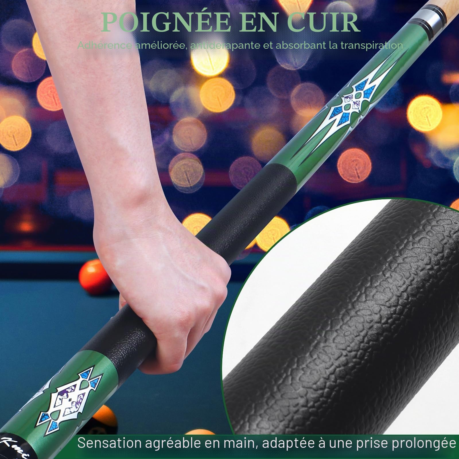 Kmise Queue de Billard Professionnelle en érable Canadien, 147 cm, poignée améliorée, 4 Couleurs optionnelles, livrée avec Craie et Gants