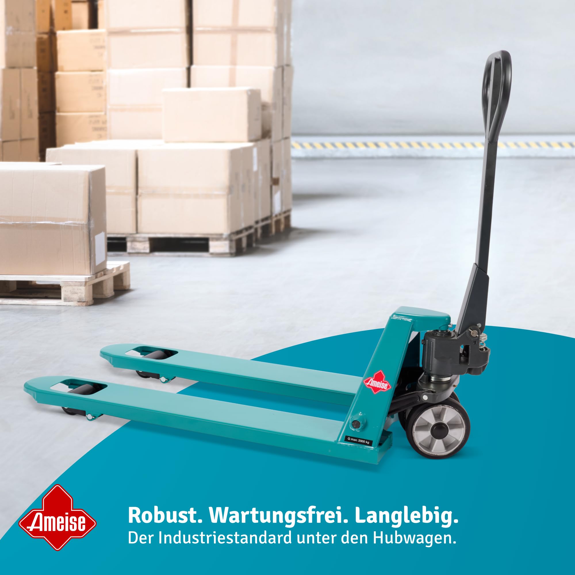 Ameise Hubwagen PTM | 2.000 kg Tragkraft | 1.150 mm Gabellänge | Lenkrad aus laufruhigem Vollgummi | Einfach-Gabelrollen aus robustem Polyurethan | Palettenhubwagen