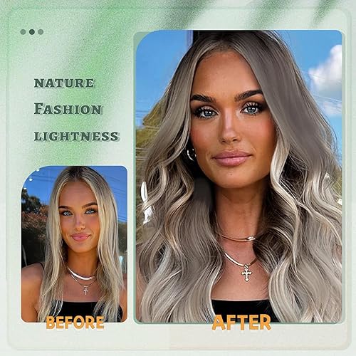 Miniatura 5 de Peluca larga rubio ceniza para mujer, pelucas rubias rizadas y onduladas con parte media, peluca sintética de color rubio degradado con reflejos