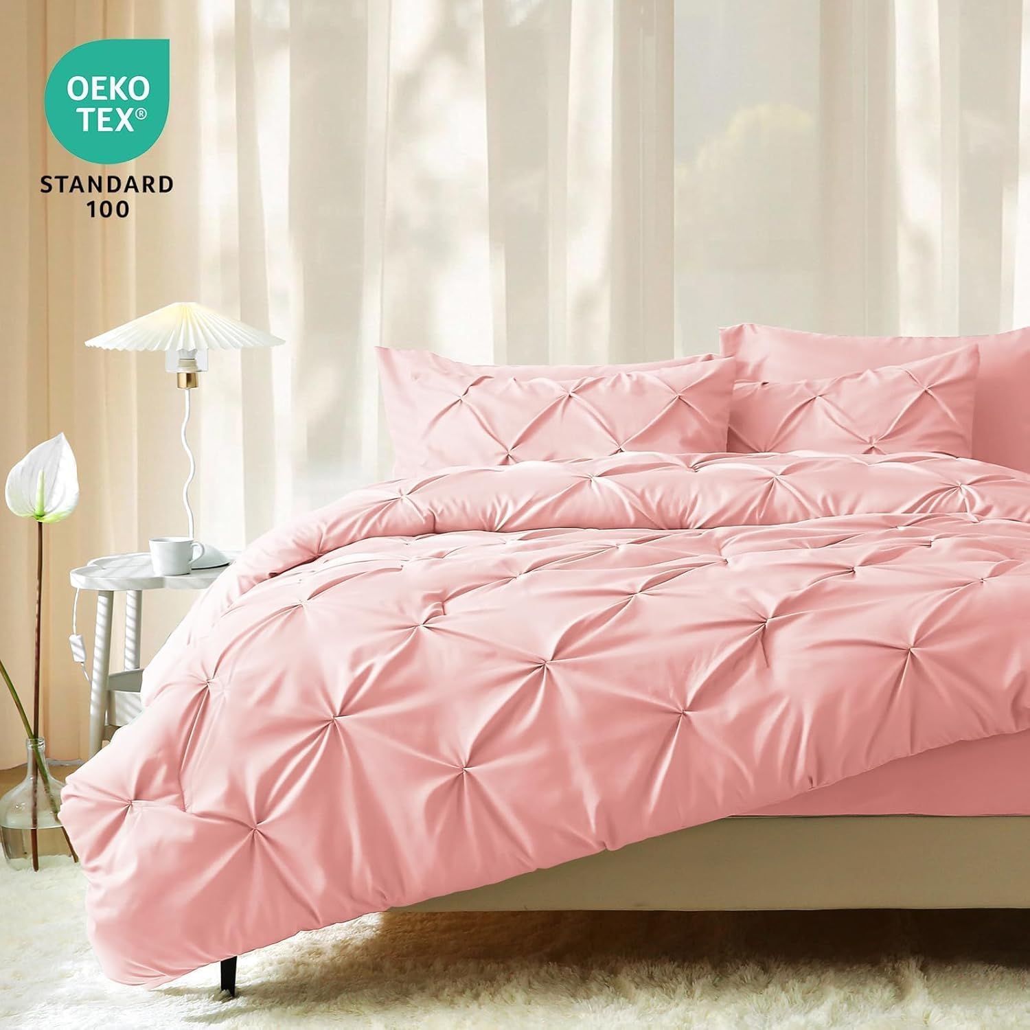 JOLLYVOGUE King Size Comforter Set 7 Pieces - Bed in a Bag King for All Season, Pintuck Bedding Comforter Sets with Comforter, Flat Sheet, Fitted Sheet and Pillowcases & Shams, Pink - Image 6