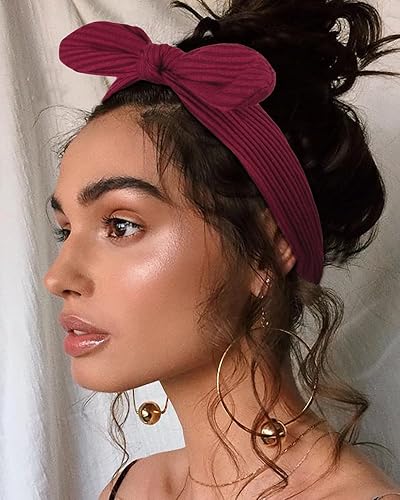 Miniatura 4 de Huachi Paquete de 8 diademas con lazo para el cabello de mujer, accesorios retro de moda para el cabello de conejo, diadema anudada para niñas,