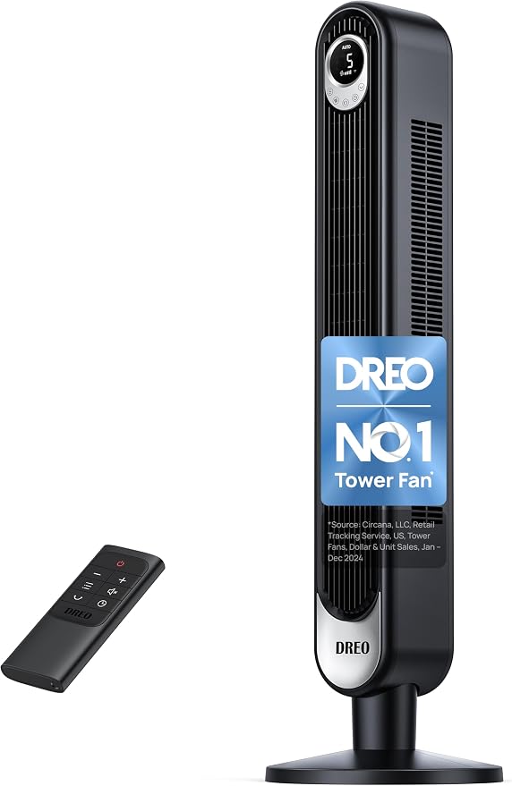 Dreo Tower Fan for Bedroom, 90° Oscillating Standing Fan, 30ft far, 28dB Quiet for Sleep, 6 Speeds, 4 Modes, 12H Timer, 42 Inch, Bladeless, Remote, for Home, Office, Room, Cruiser Pro T1