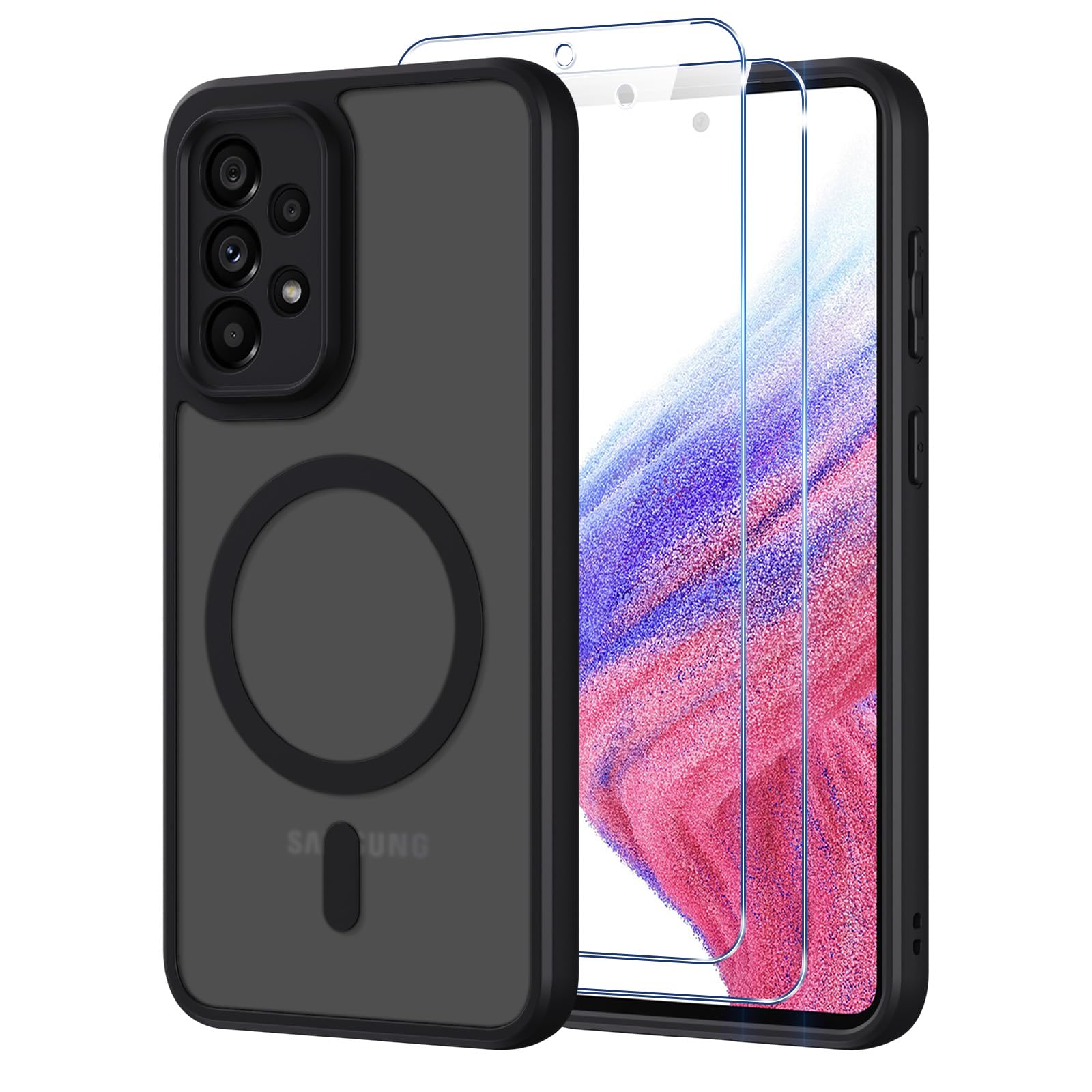 Pnakqil Magnetisch für Samsung Galaxy A53 5G Hülle für Magsafe,Matt Transluzente Handyhülle für Samsung A53 mit 2 Panzer Schutz Glas,PC Härte Rückseite Kratzfest Stoßfest Dünn Magnetische Case,Schwarz