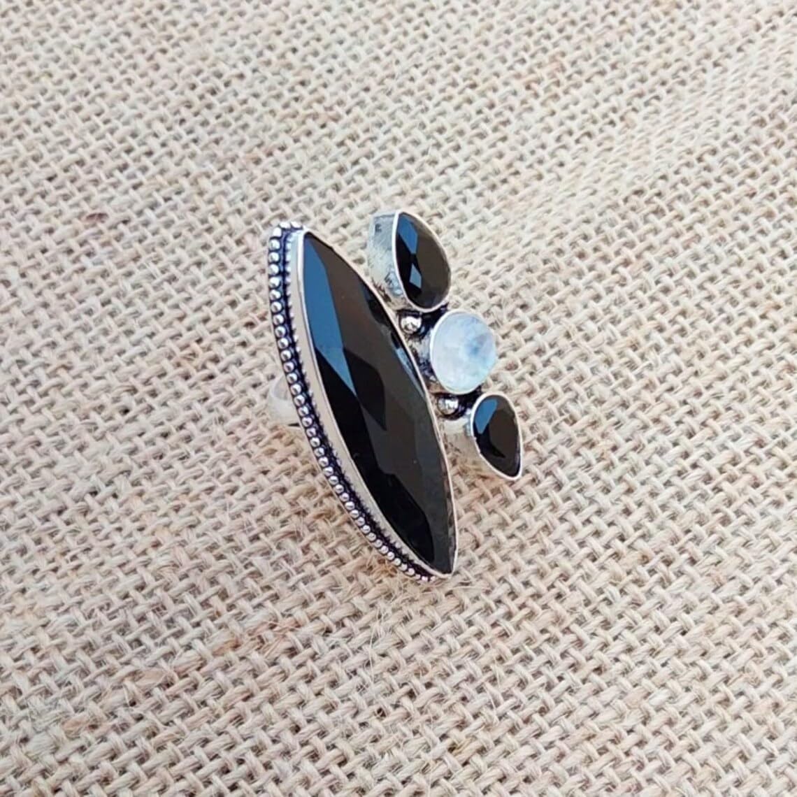 Black Onyx And Moonstone Multi Gemstone Ring,Handmade Statement Ring,Natural Black Onyx Gemstone,925 Sterling Silver Ring,