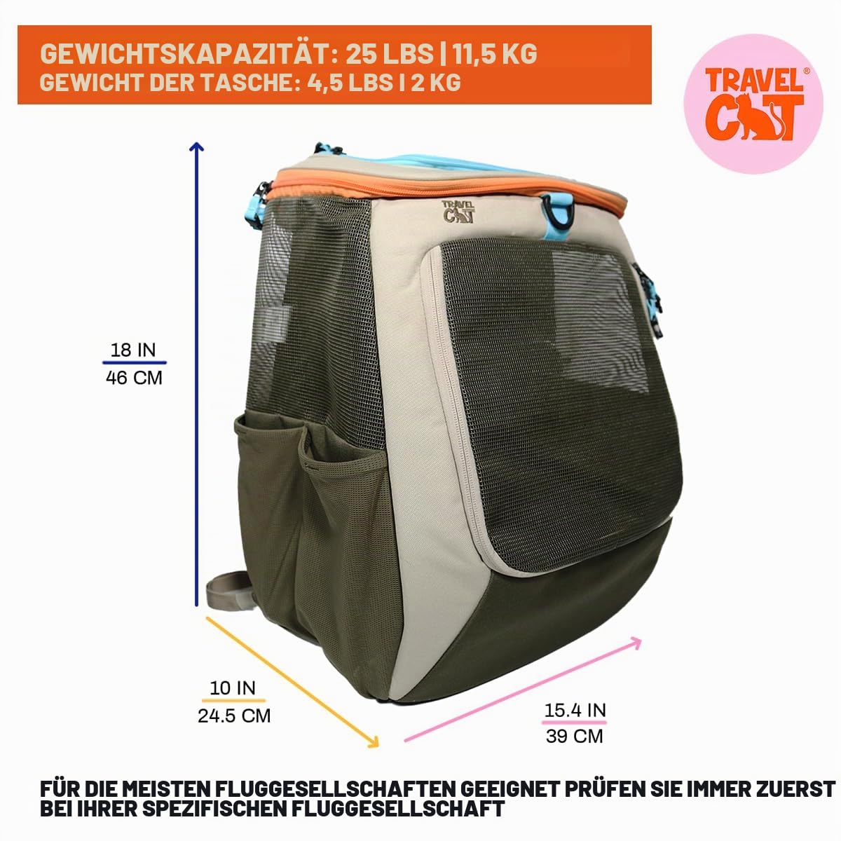 Travel Cat Rucksack-Tragetasche, The Navigator Umwandelbare Haustiertragetasche, Katzenrucksack mit vollständig belüftetem Mesh-Gewebe (Erde)