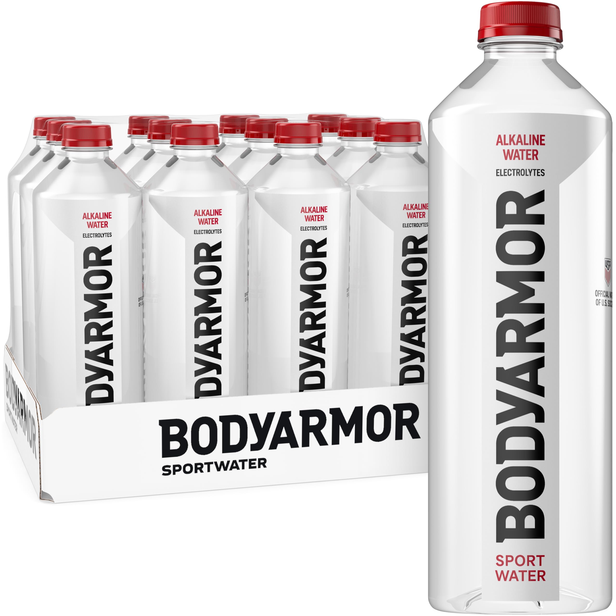 BODYARMOR SportWater Alkaline Water, High Alkaline Bottled Water, pH 9+, 1.5 Liter (12 Pack), Refreshing Electrolyte Water Pack, Wide Mouth Bottle