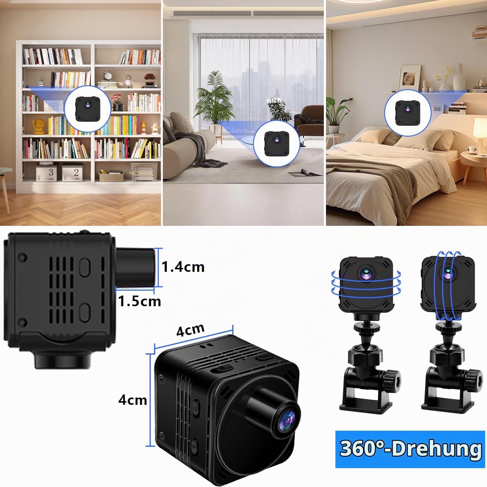 Mini HD Kamera 4K WiFi mit Akku, Nachtsicht & Bewegungserkennung | 3000mAh, 11h Laufzeit, 160° Weitwinkel, 256GB SD, Loop-Aufnahme