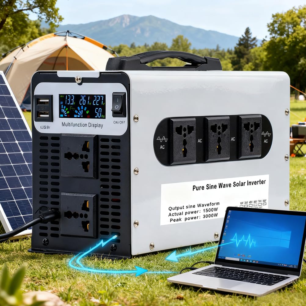 1500 Watt Pure Sine Wave Inverter 12V/24V/48V/60V/72V DC A 110V 220V AC Convertitore Picco 3000W con 5 Uscite AC per RV, Camion, Solare, off-Grid, Inverter di Potenza