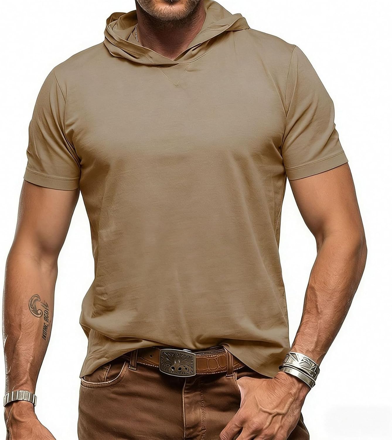 Men's Short Sleeve Hoodie Shirts Workout Gym Athletic Tops Cotton Lightweight Hooded T Shirts Drawstring Slim Tee