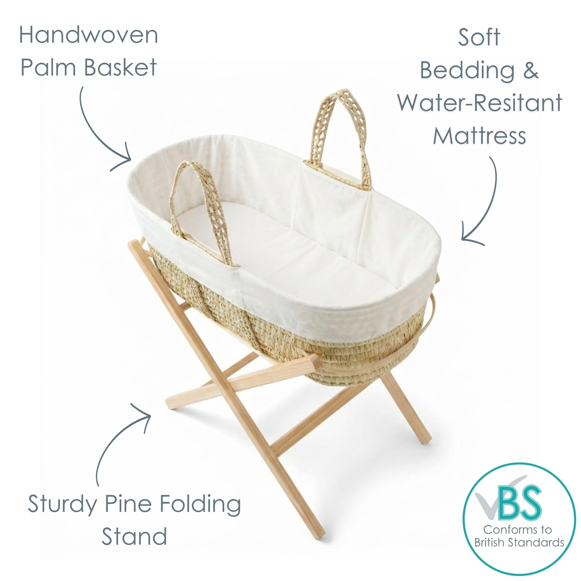 Clair de Lune Scandi - Culla in palma con supporto pieghevole naturale, 74 x 30 cm, colore: Bianco