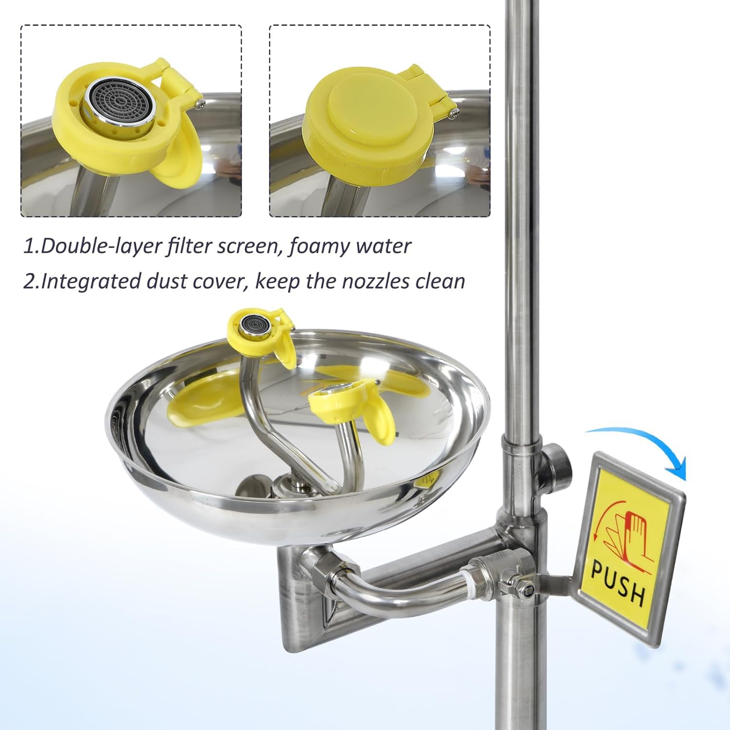 Estación lavaojos de Emergencia, Ducha lavaojos combinada de Acero Inoxidable, caudal de 120-180 l/min, Incluye señal de lavaojos, Ideal para Uso Industrial y de Laboratorio.