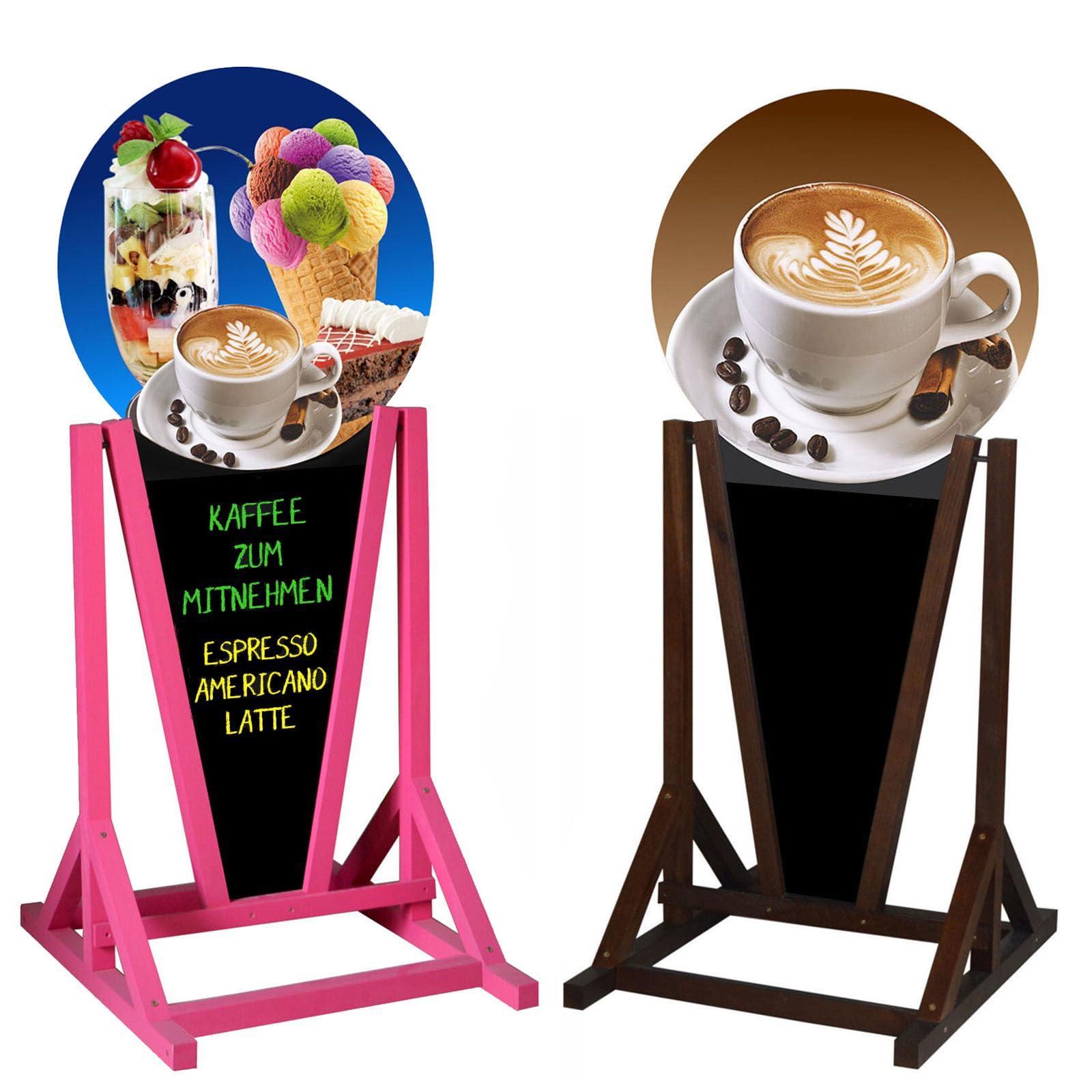 Doppelseitiger Kundenstopper 154 x 74 cm, wasserdichter Werbeaufsteller mit Kreidetafel, 16 Motiven, wechselbarer Werbeplatte, Holzgestell in Pink oder Braun für Café (Rosa, 9. Pizza Margherita)