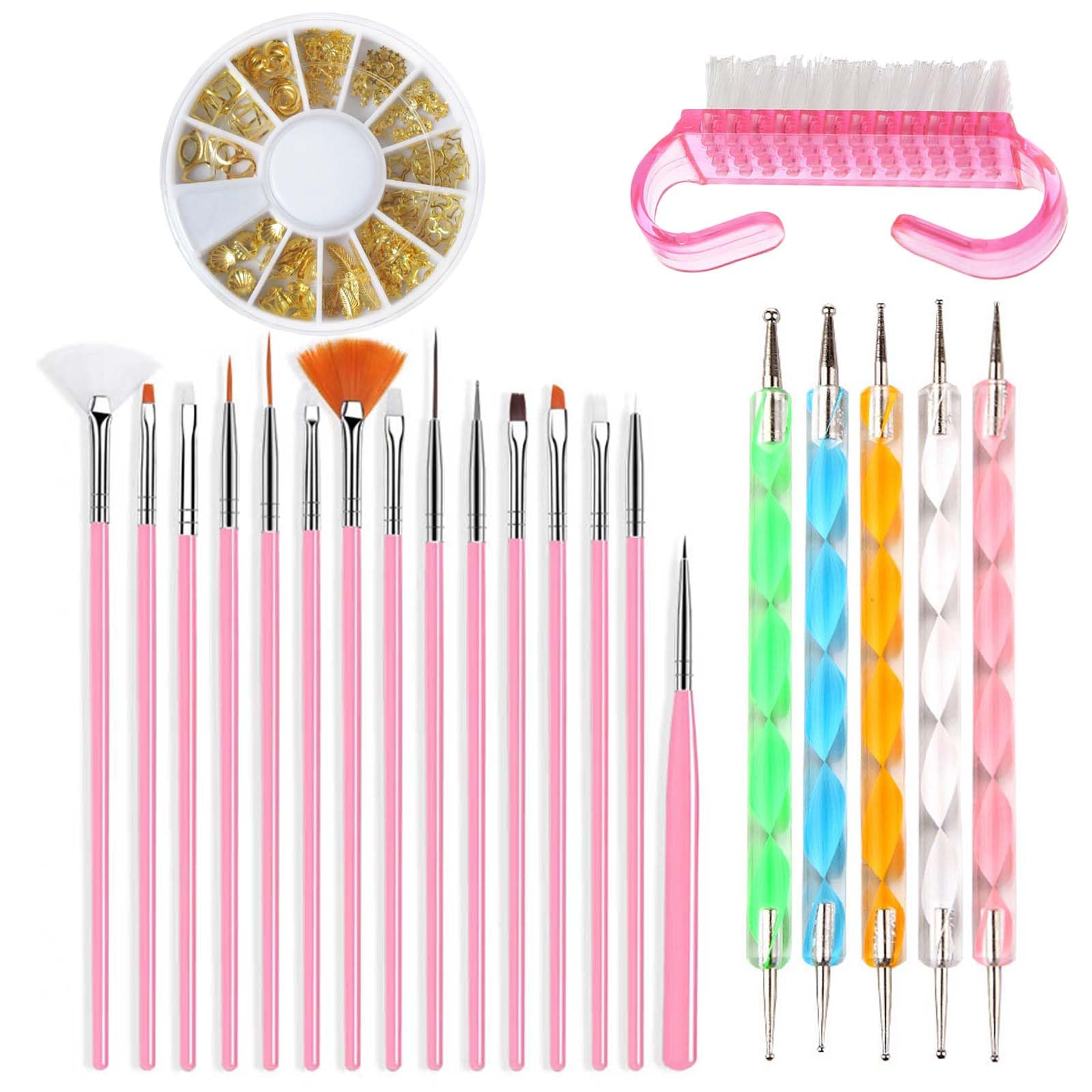 Pink Nail Brush Set, 20pc Nail Art Tool Kit with Dotting Pen, Striping Brush, Dust Remover - Perfect for Acrylic Nail Design