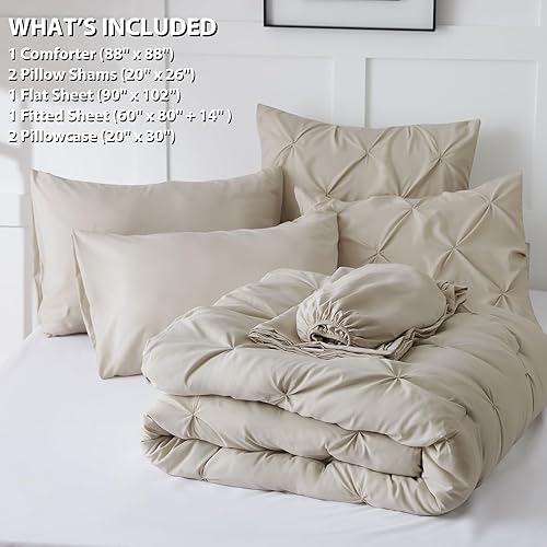 Miniatura 5 de CozyLux Juego de edredón de tamaño matrimonial  7 piezas de edredón de tamaño matrimonial, color beige, gris con pintuck en una bolsa, juegos de