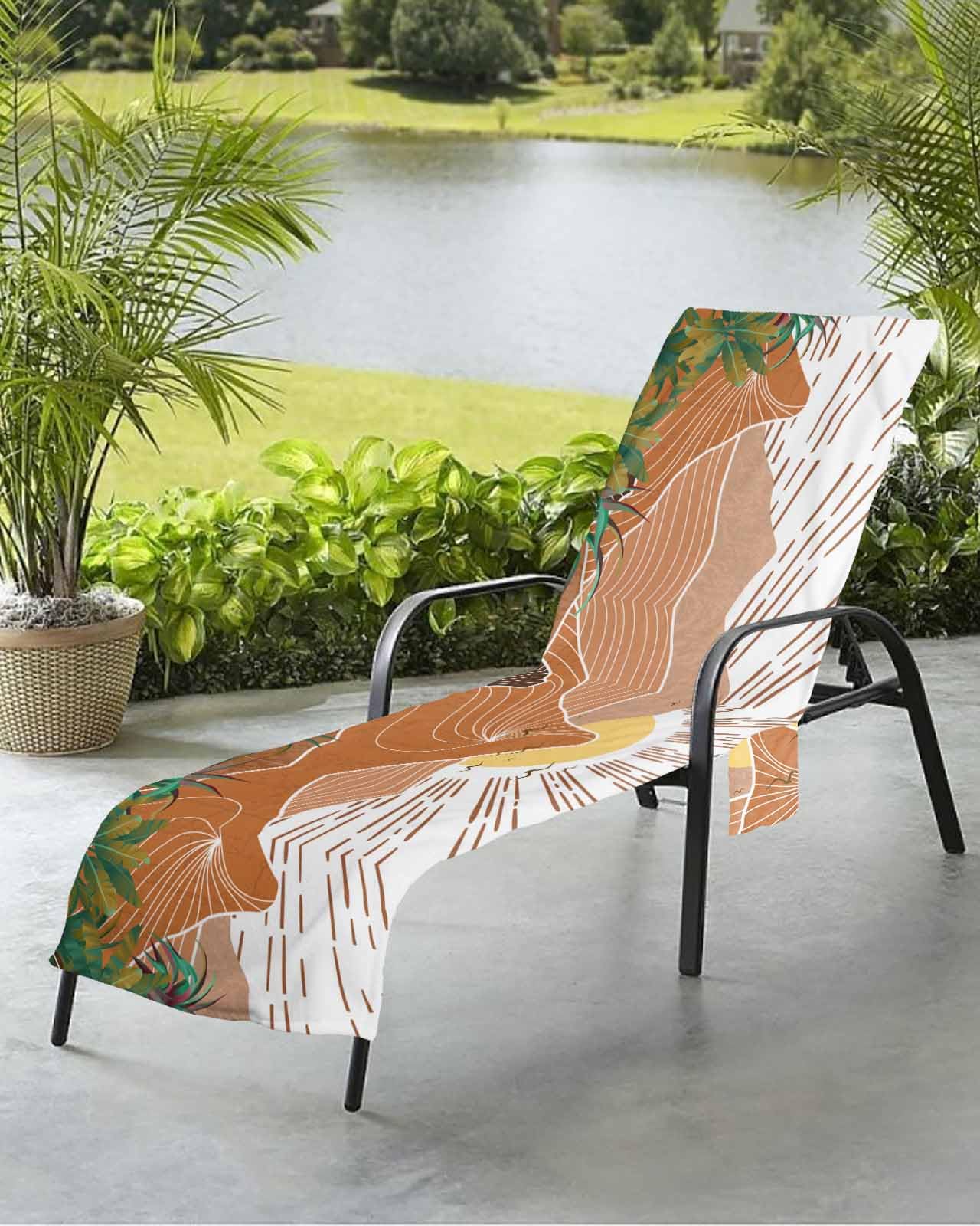 Beach Pool Patio Lounge Chaise Chair Cover Towel with Pockets,Geometric Boho Absorbent & Quick Dry Microfiber Towel Cover Bag Summer Travel Accessories Tropical Palm Leaves Mountain Stripes