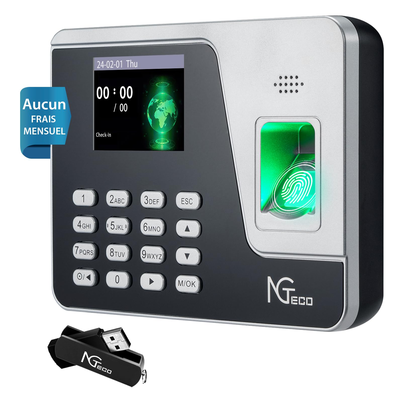 NGTeco Rilevatore Presenze con Modulo di Impronte Digitali, Funzione di Calcolo Automatico, Nessuna Tassa Mensile AS10（English）