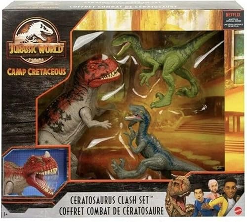 Jurassic World: Campamento Cretácico - Set de combate cretácico en la Isla Nublar con ceratosaurus y 2 velociraptores