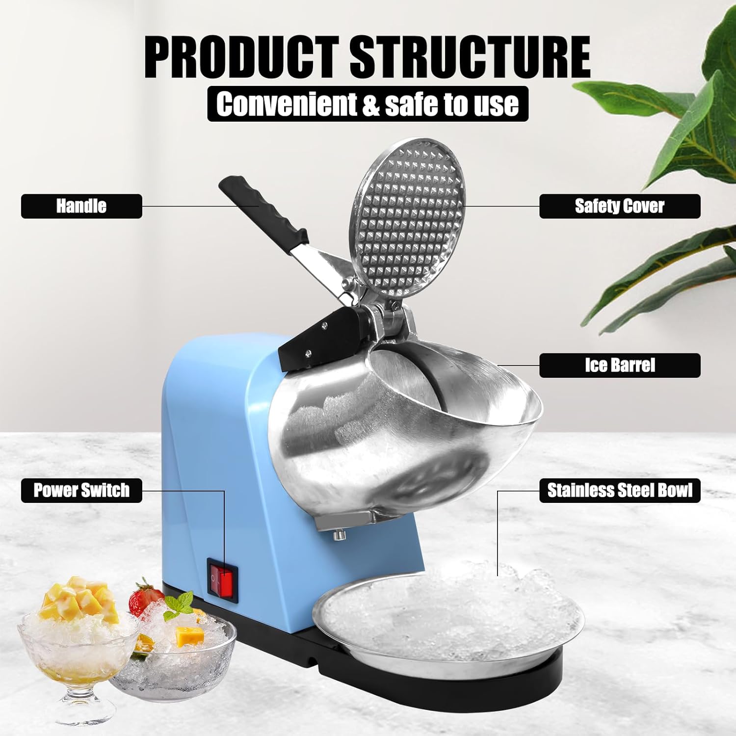 Electric Shaved Ice Machine, 110V Snow Cone Maker with Stainless Steel Blade - Perfect for Home & Commercial Use, Ice Crusher for Delicious Shaved Ice Treats