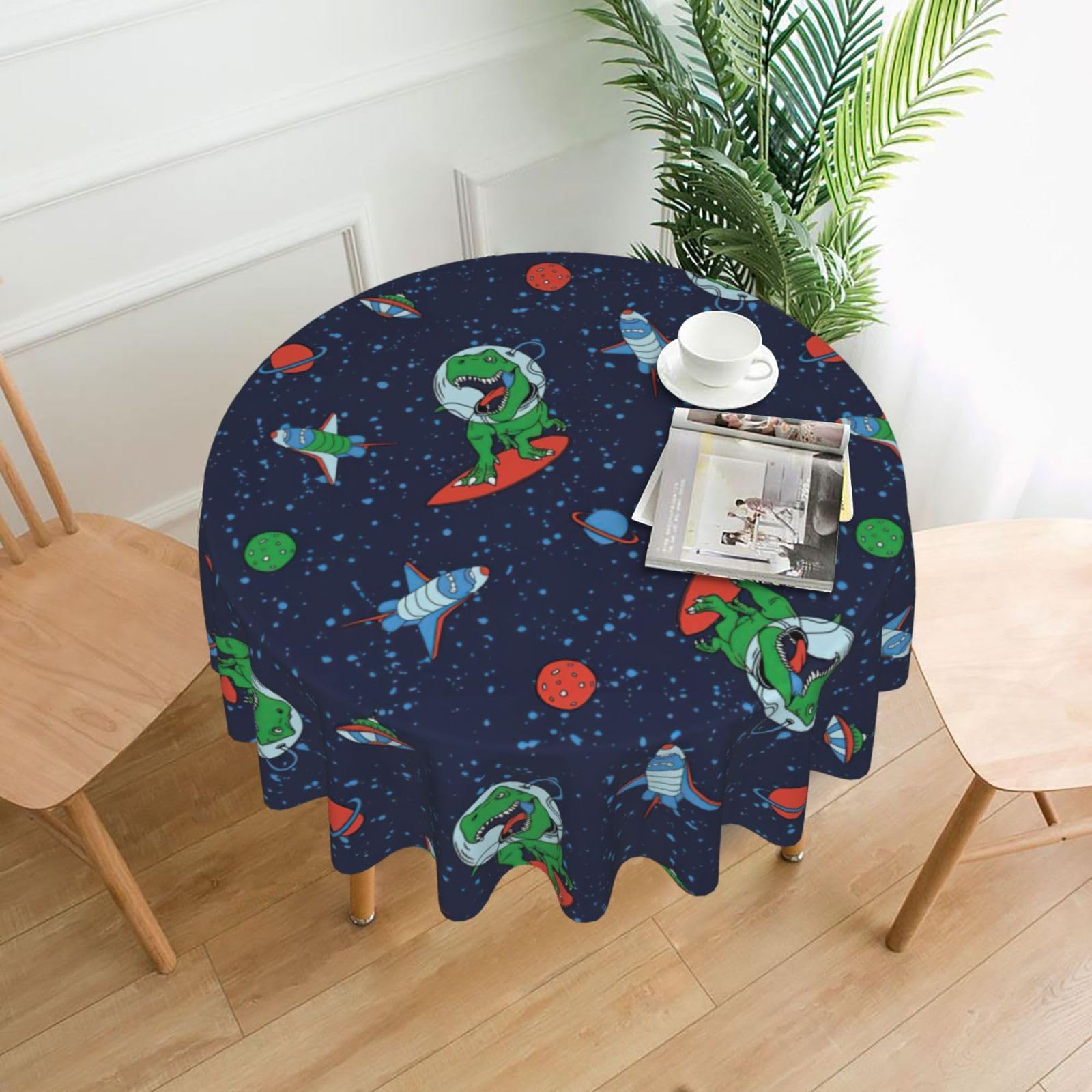 OKFSTY Funny Astronaut Dinosaur Rocket Print Round Tablecloth 60in for Wedding Elegant Polyester Cover for Party Reception Festive Dinner