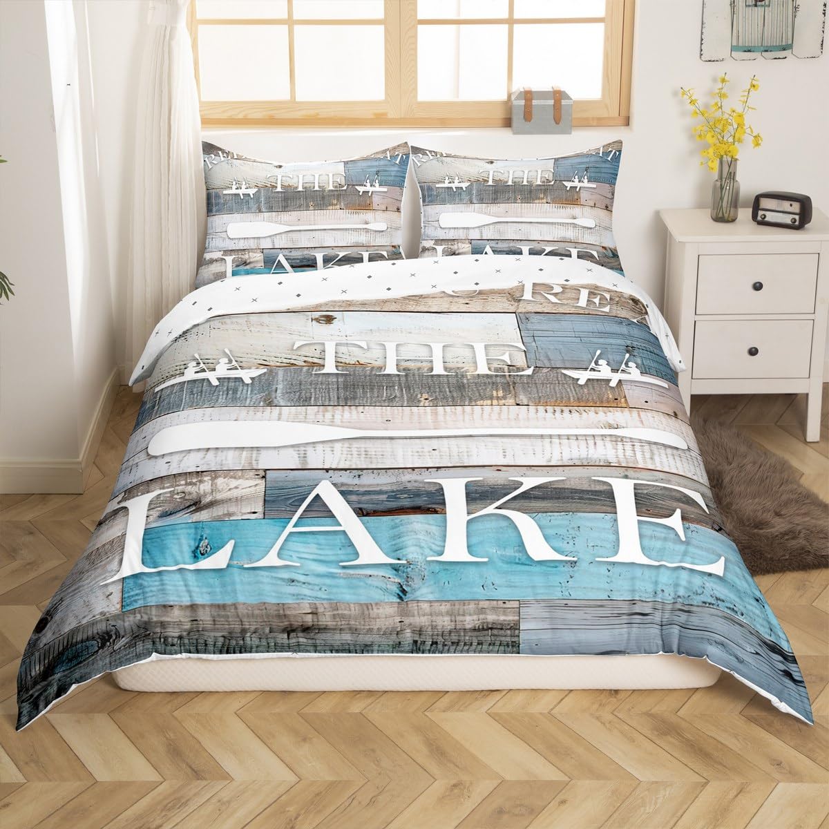 Homewish,Lake House Duvet Cover Rustic Farmhouse Bedding Set King Size Blue Grey Retro Wooden Comter Cover 3pcs Kids Adults Men Teens Bedroom Decor,Lake Life White Cabin Quilt Cover,2 Pillowcases