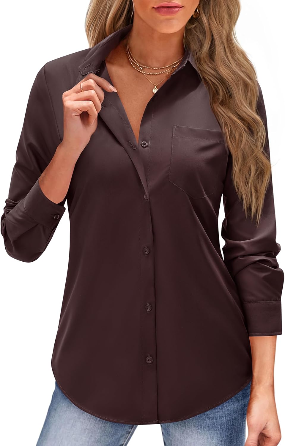 J.VER Button Down Shirts for Women Long Sleeve Dress Shirts Solid Business Casual Collared Work Blouses Tops