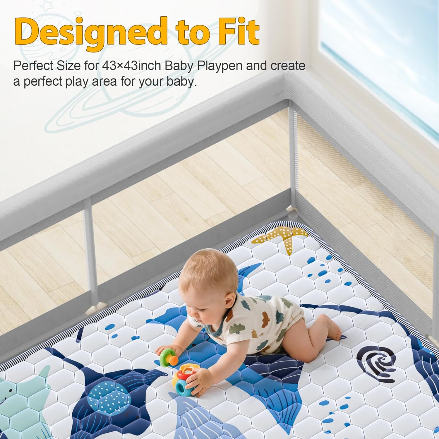 Baby Play Mat 43x43inch - Thick & Soft Ocean Theme Playmat with Ray & Starfish - Padded Crawling Mat for Babies & Toddlers, Non-Slip & Machine Washable Floor for Playpen