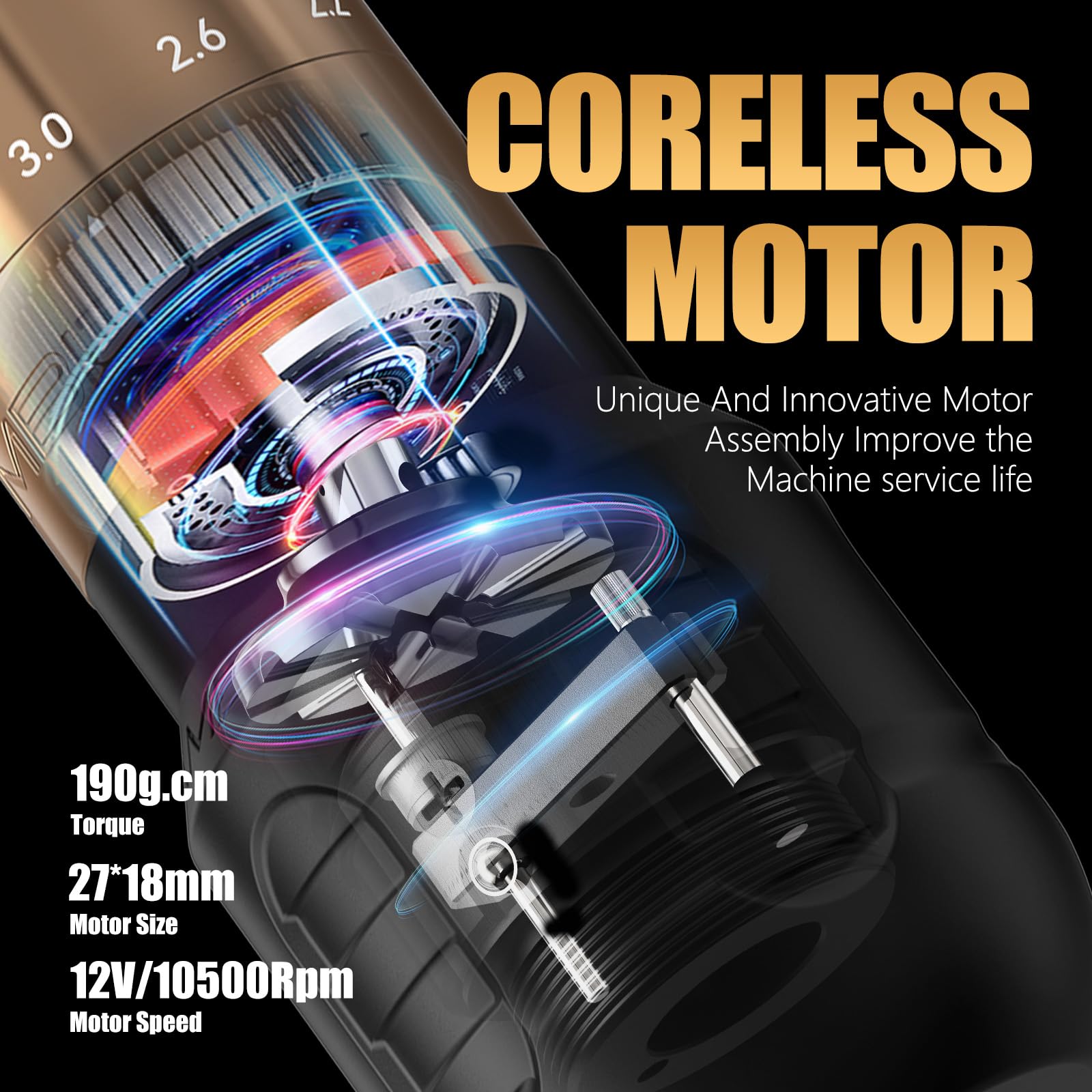 Ambition Seher Pro Tattoo Gun Wireless Tattoo Pen Machne with Dual 2400mAh Billing Function Battery, Adjustable Stroke Rotary Coreless Motor 42mm Grip Tattoo Supply for Professional Artists