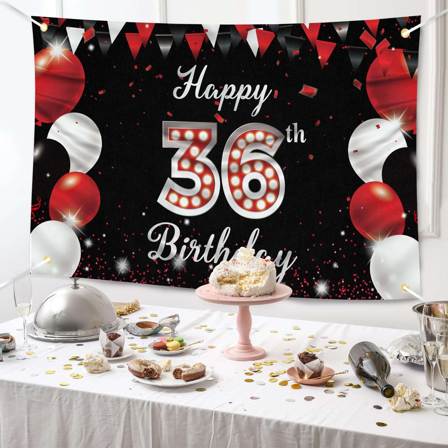 Happy Birthday Banner For Men - 36th Birthday Decor, Large 3.77x5.9 Ft Backdrop, Black & Gold Party Decorations - View #3