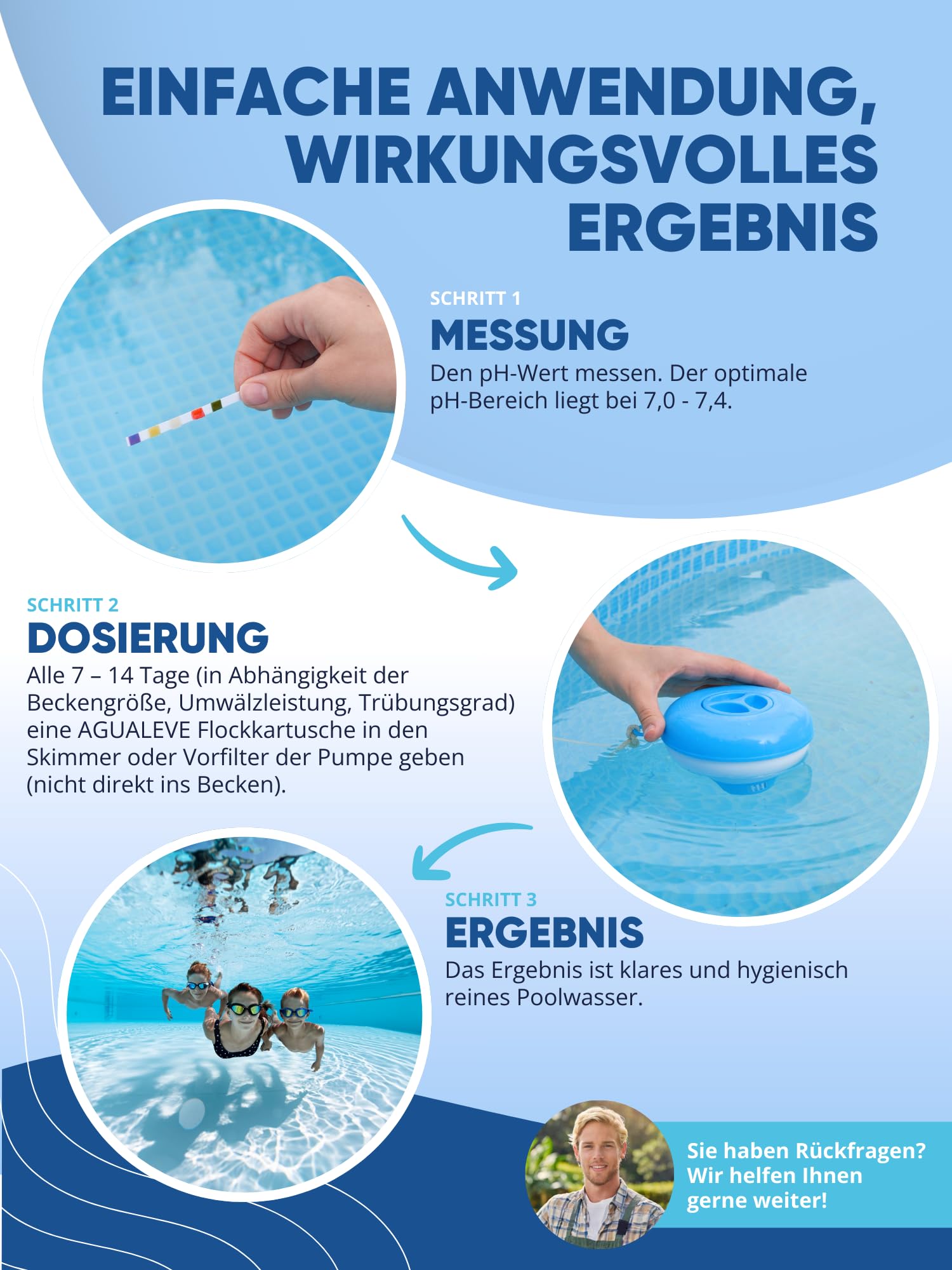 AGUALEVE® Flockmittel Pool Kartuschen 8 x 125g | flockt Verunreinigungen für klares Wasser| für Sandfilter, Filterbälle, Glasfilter UVM. | für Pools, Aufstellpools, Whirlpools | Made in Germany