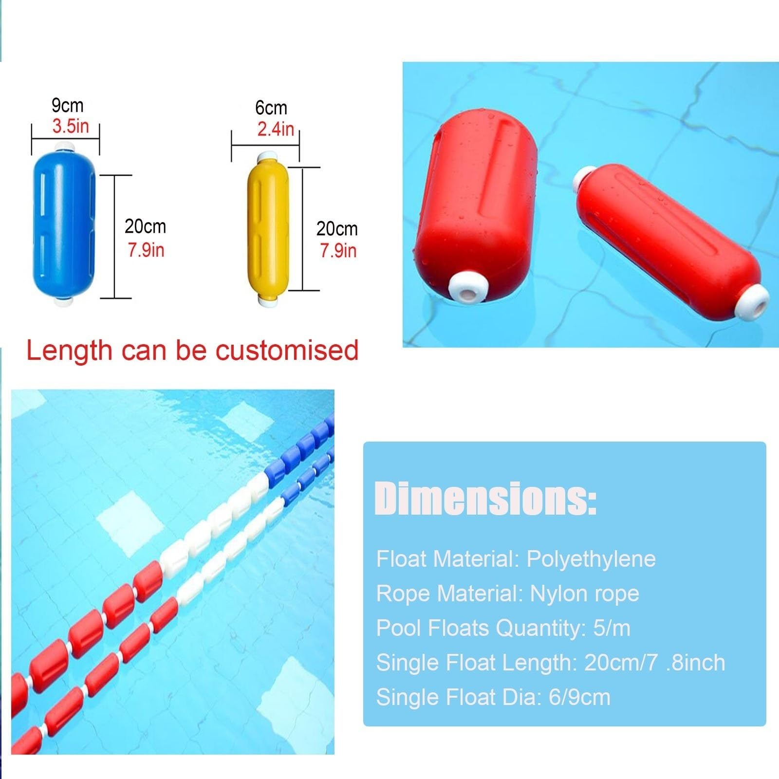 Pool Safety Divider with Float, Swimming Pool Rope with Hooks for Separating Deep Shallow End Water Area, Indoors Outdoor Floating Cordon (Size : 7m/23ft)