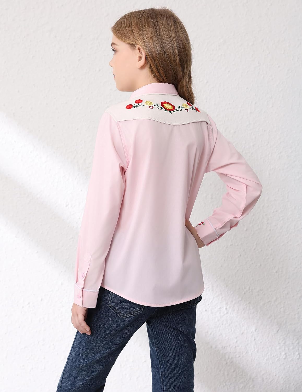 Girls Western Cowgirl Shirt Long Sleeve Retro Floral Embroidered Collared Button Down Blouse Tops for Country Outfit