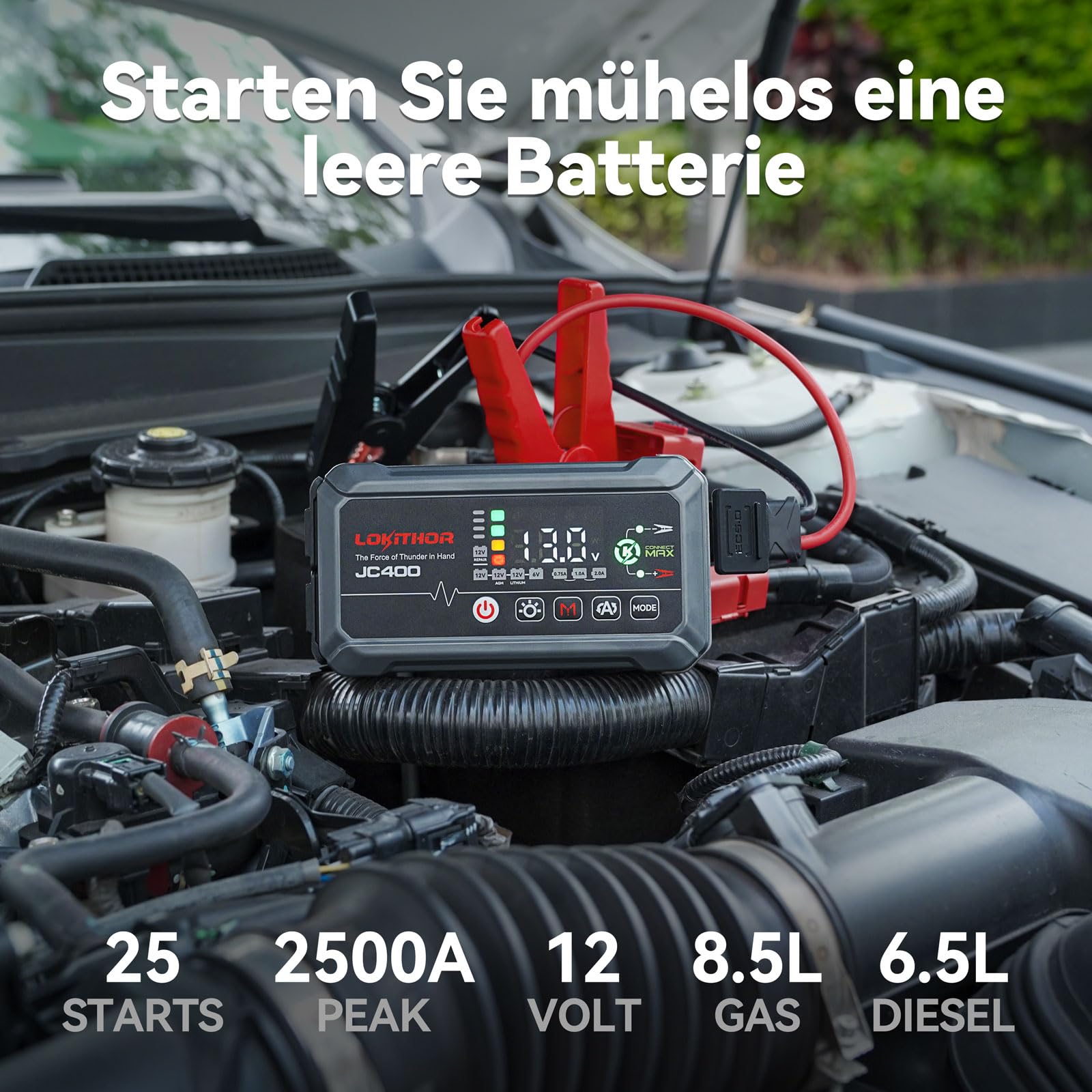 LOKITHOR JC400 9-in-1 Batterieladegerät mit Starthilfe Powerbank für Pkw, 2500A 12V Autostarter Powerpack für Autos bis 8,5L Benzin/6,5L Diesel, 6V/12V Autobatterie-Erhaltungsladegerät und Desulfator