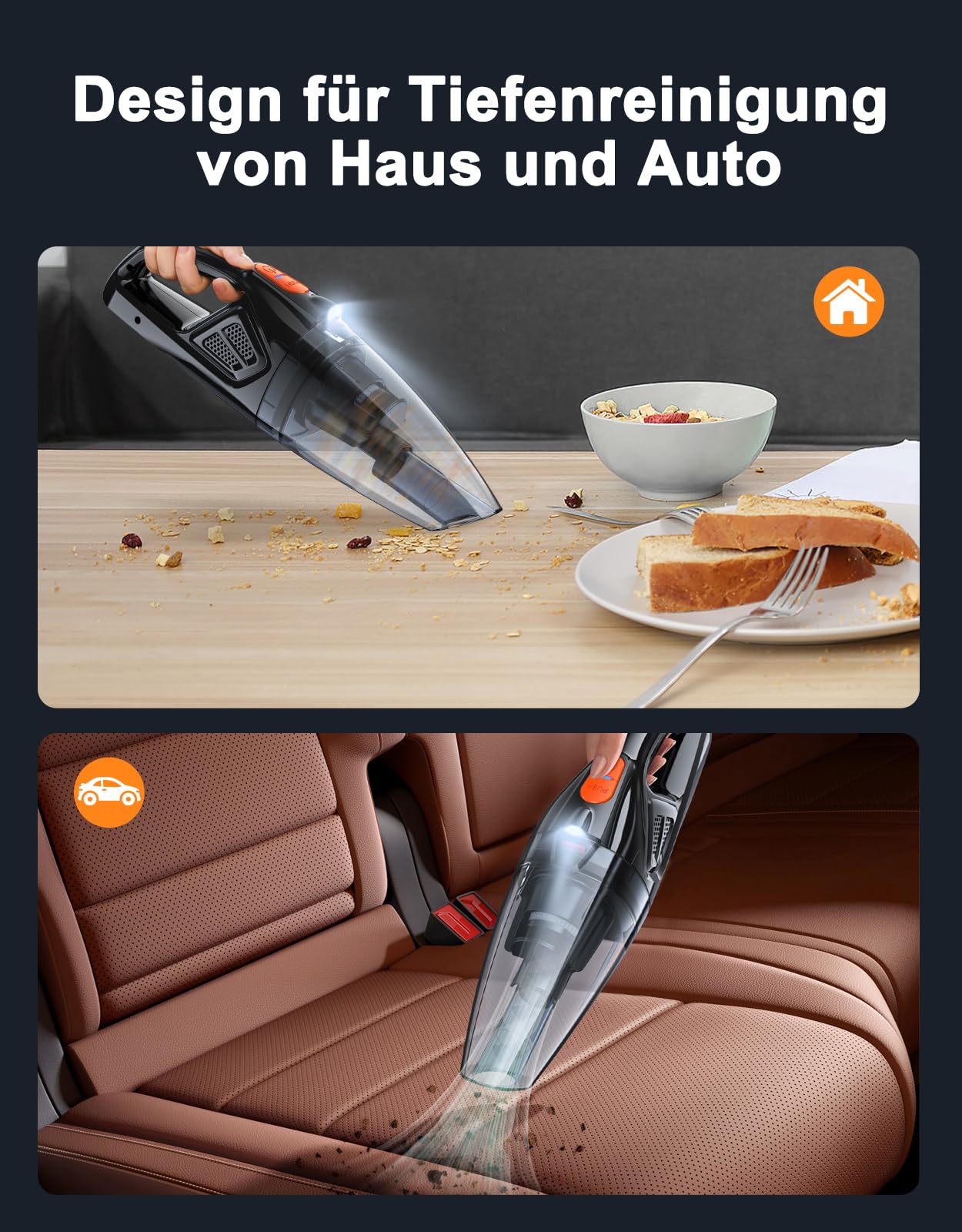 Handstaubsauger Akku, [9000Pa & Schnellladestation] Handstaubsauger Kabellos mit LED-Lichter, 2 Waschbar HEPA-Filter, Nass & Trocken Auto Staubsauger Antriebsriemen Stark für Haus, Büro, Auto
