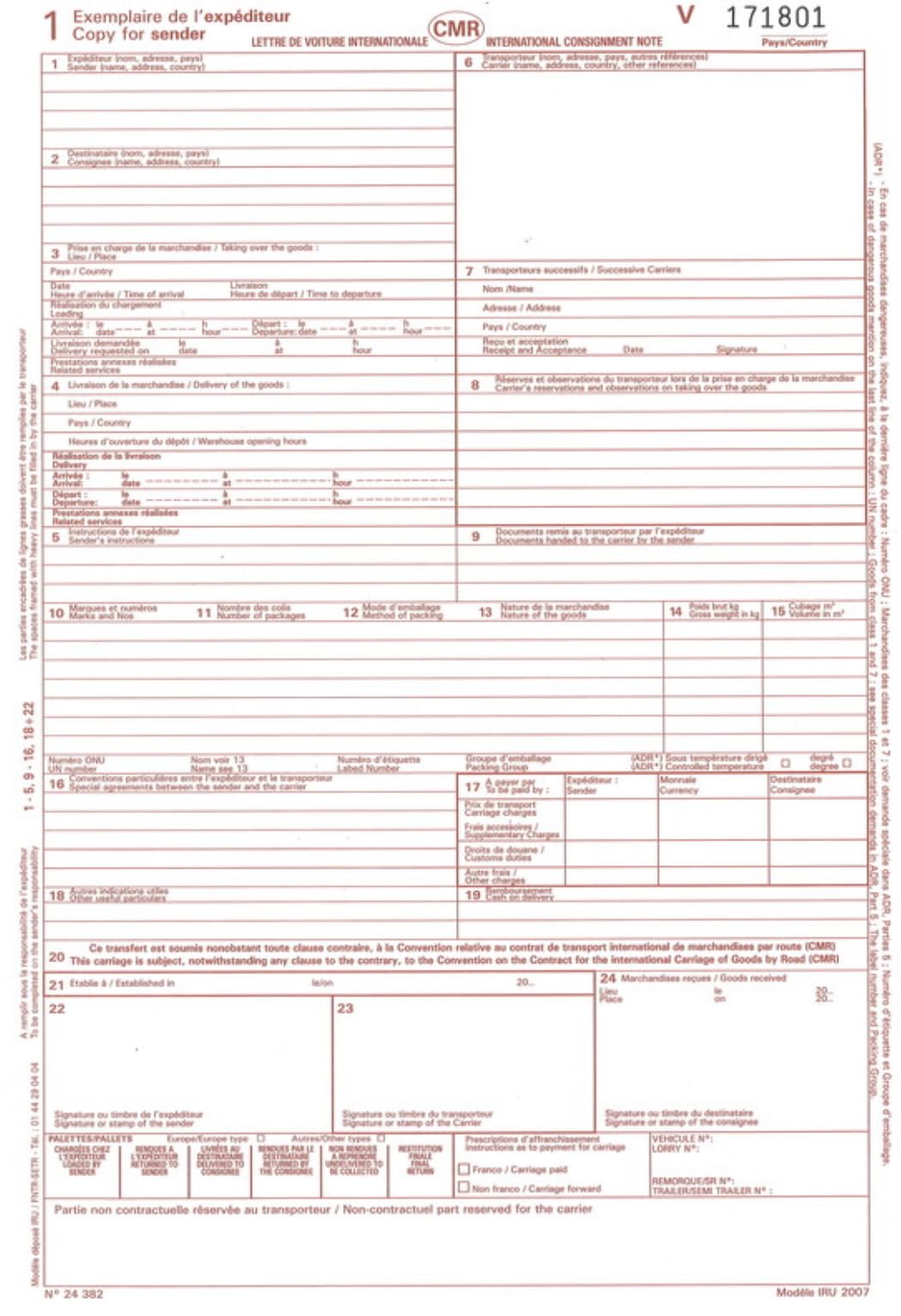 CMR Lettre de voiture internationale pour le transport routier, 25 exemplaires