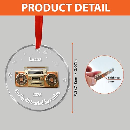 Miniatura 2 de Personalized Radio Lover Glass Ornament, Custom Retro Boombox Christmas Keepsake with Name and Year, for Music Fans, Xmas Gifts 2025