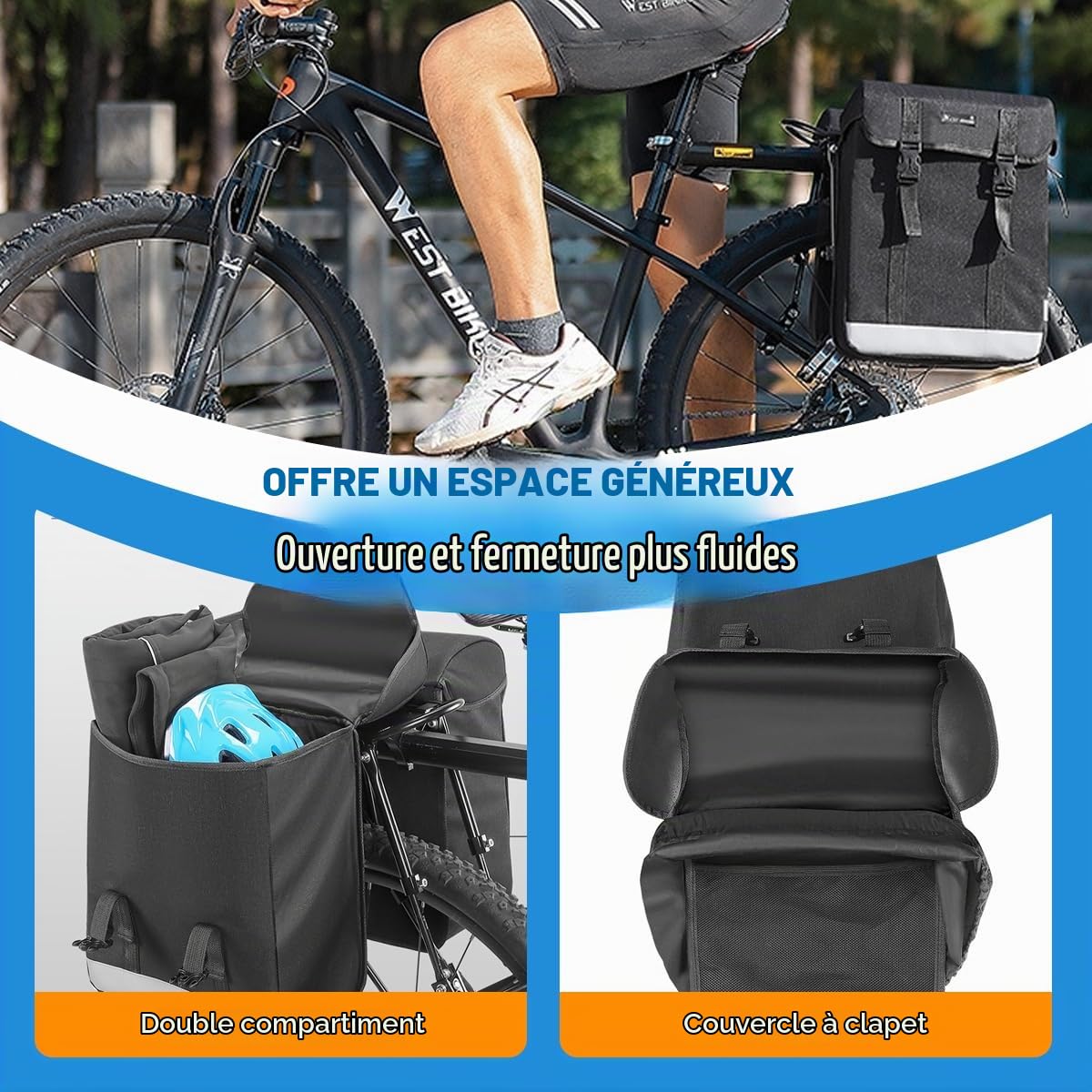 Sacoche Velo Porte Bagage Arriere,Sacoche Velo Arriere 34L à Double Compartiment,Crochets de Suspension et Bandes Velcro pour Une Installation et Un Retrait Rapides