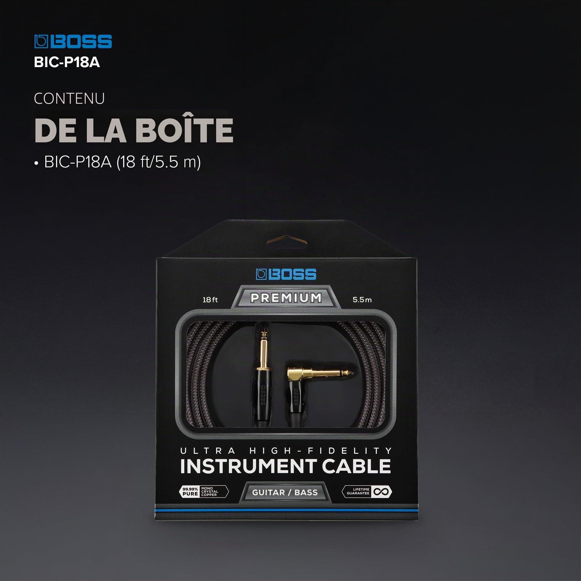 Câble d'instrument ultra haute fidélité GAMME BIC-P18A – 18ft / 5.5m – Connecteurs jack 1/4 de pouce droit à coudé plaqués or 24 carats – Pour guitare et basse, pour un son de qualité supérieure