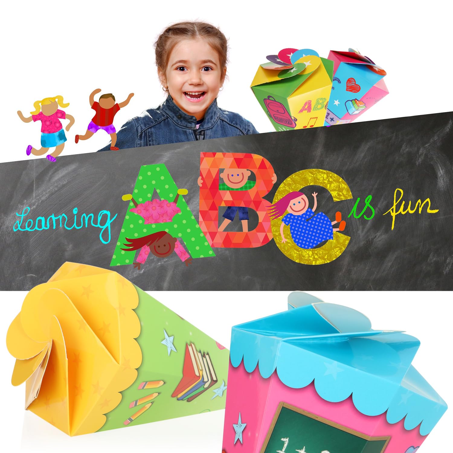 com-four® Mini Coni Scuola 30 cm – Coni in Cartone per Inizio Scuola (2 Giallo-Verde/Blu-Rosa)