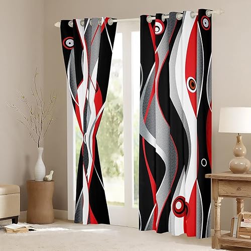 Miniatura 3 de Feelyou Cortinas de ventana de color rojo, gris y negro, con espiral, geométrica, 30% a 50%, opacas, para niños, retro, círculo, geométrico,