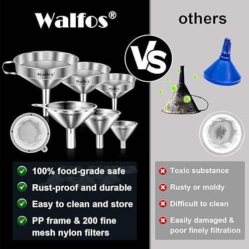 Miniatura 18 de walfos 4 embudos de plástico de cocina (sin BPA), embudo automotriz para transferencia de líquidos, embudos para llenado de botellas, recipientes