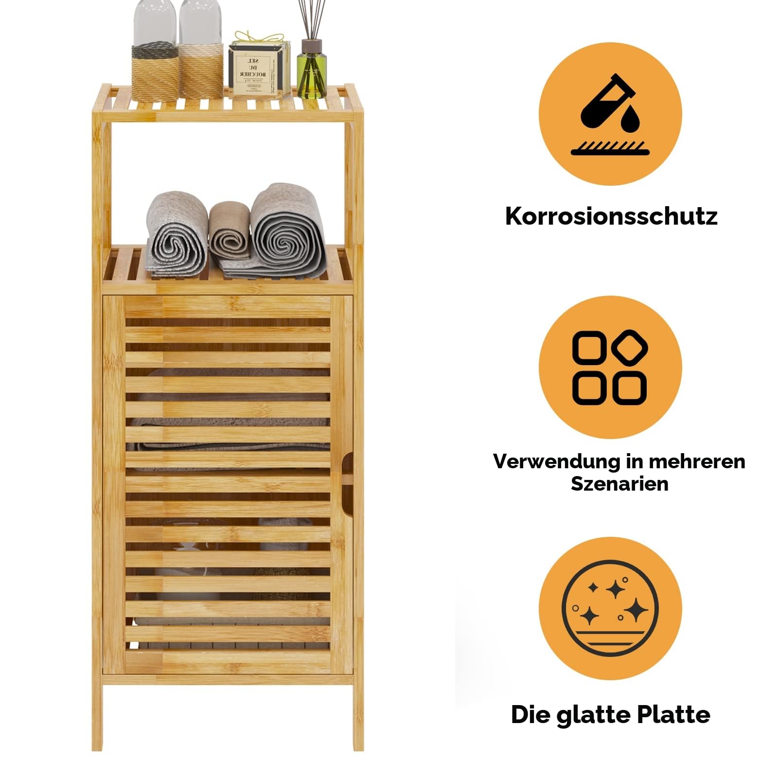 soges Bambus Schrank Badezimmerschrank | Beistellschrank mit Lamellentür und Regale, Stehendes Bambus Regal für Wohnzimmer & Badezimmer
