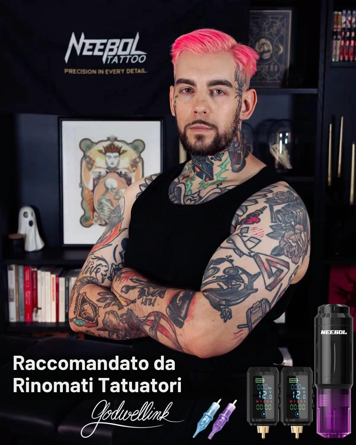 Kit di 2 batterie da 1600 mAh per tatuaggi, kit wireless per macchina per tatuaggi, 20 aghi per cartucce per tatuaggi, set di inchiostro per tatuaggi, forniture complete per tatuaggi per principianti