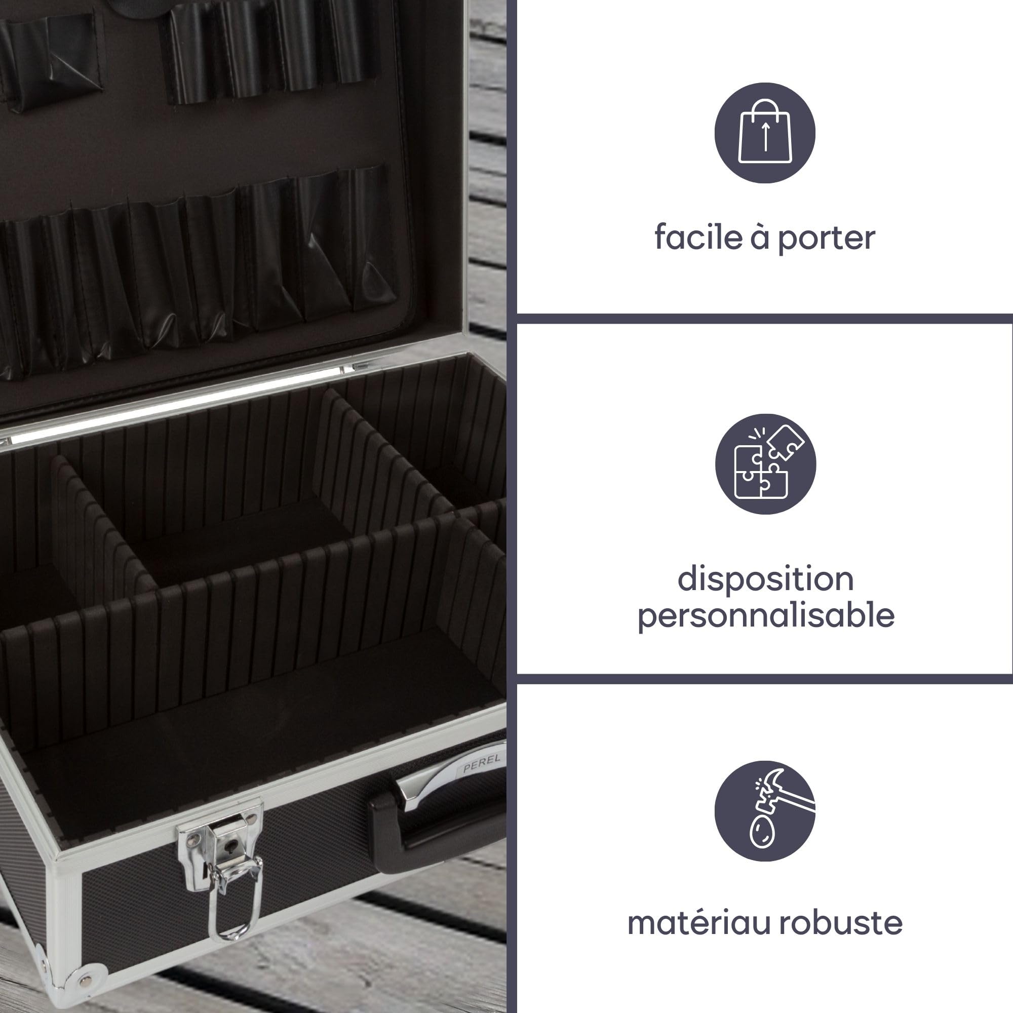 Perel Mallette à outils, porte-outils, séparateurs amovibles, verrouillage par clé, 2 clés, aluminium, noir, 455 x 330 x 152 mm