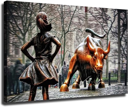 Póster de estatuas de toros de Fearless Girl and Wall Street con impresión en lienzo, arte de pared, regalo de vacaciones, baño, sala de estar,