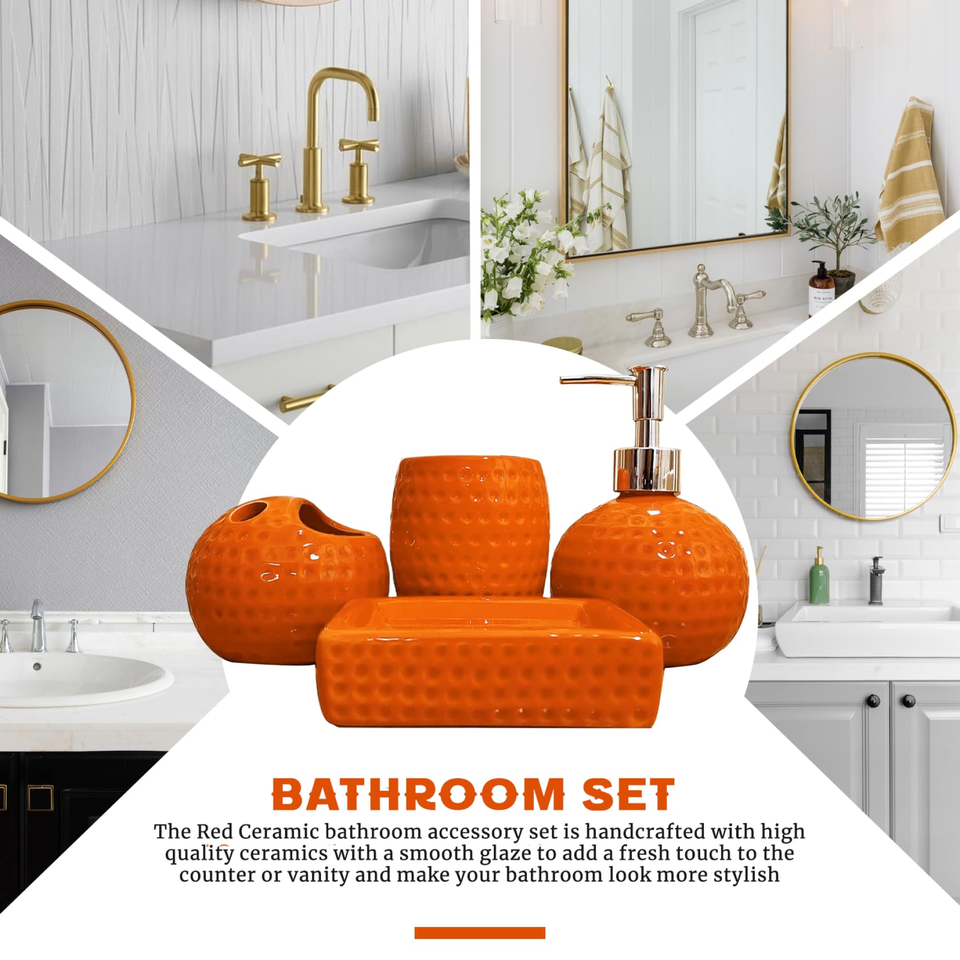 Set di accessori da bagno arancioni Set da bagno in ceramica da 4 pezzi include portaspazzolino, bicchiere, dispenser per lozione e portasapone per l'arredamento della casa, del bancone dell'hot