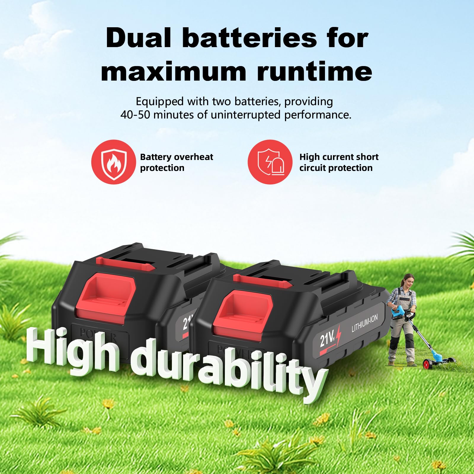 Cordless Grass Strimmer, 21V Strimmer Cordless with 2 X 2000mAh Battery and Charger, 3 Types 16 Blades, Garden Trimmer Telescopic Lightweight with Roller, 7800/min, for Gardens, Park Lawns - 3